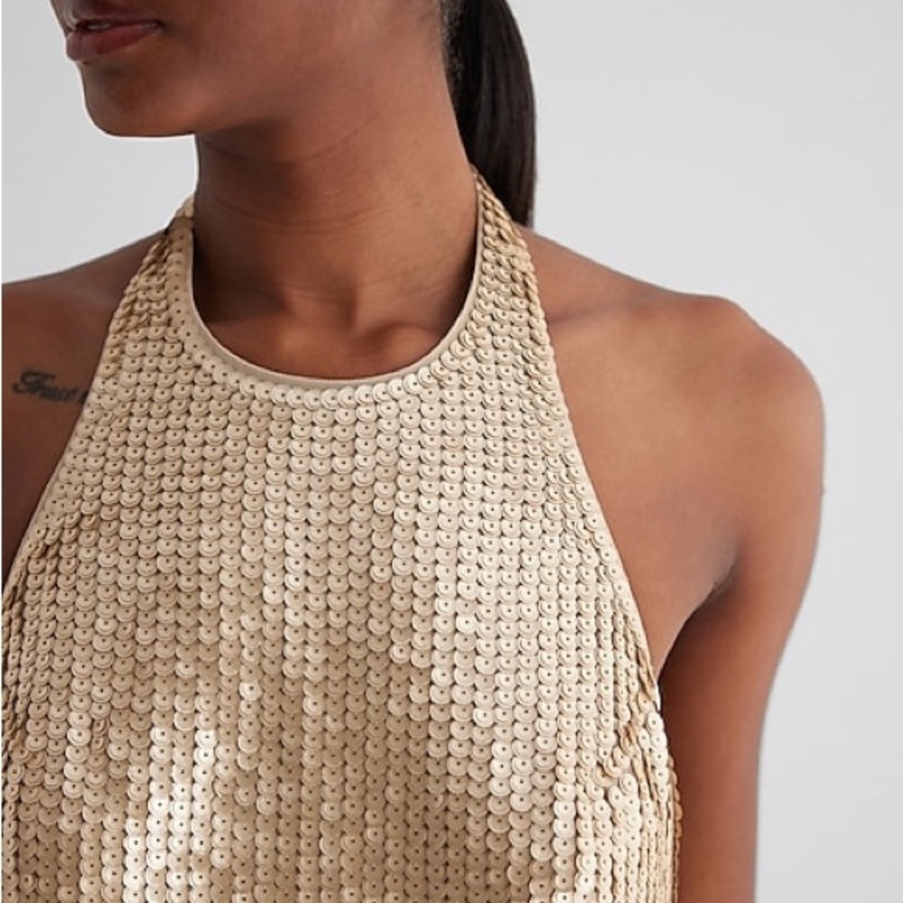 Express Gold Sequin Halter Dress Open Back Mini Party Size XL - Picture 3 of 10